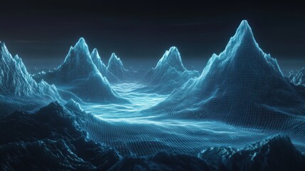 Poster - A digital landscape featuring glowing, wireframe mountains and an ethereal ocean.