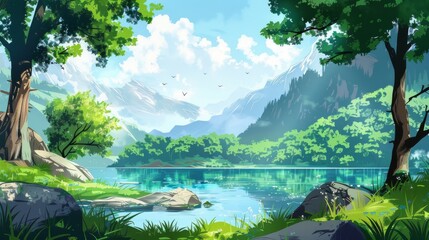 Poster - A picturesque mountain lake surrounded by lush greenery, clear blue sky, and distant mountains, creating a serene and tranquil nature scene.