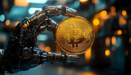 Canvas Print - A close-up image of a robotic hand holding a gleaming Bitcoin coin. The background features futuristic elements, highlighting the intersection of technology and finance in the digital age.