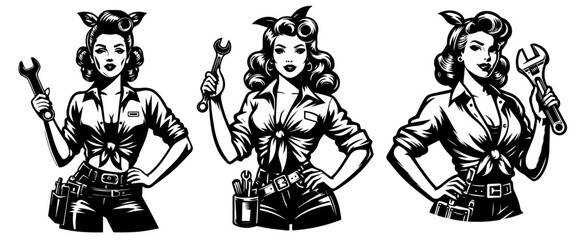 pin-up style mechanic girl collection, black vector illustrations