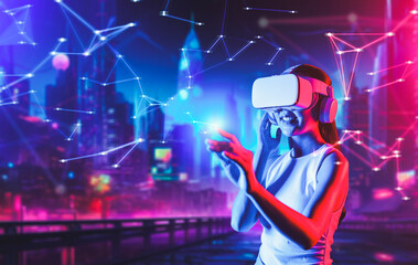 Smart female standing in cyberpunk style building in meta wear VR headset connecting metaverse, future cyberspace community technology, Woman use index fingers touching virtual object. Hallucination.