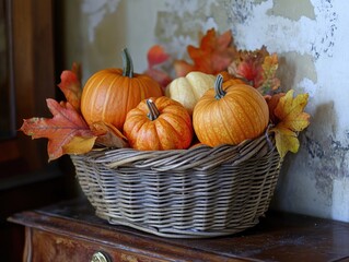 Sticker - Autumn decor with pumpkins and leaves in a wicker basket on a commode