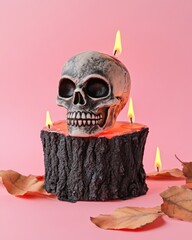 Poster - Halloween composition with burning candles skull and tree barks on pink background