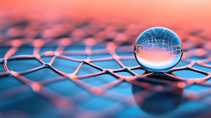 Intricate water droplet rests on a vibrant, abstract web-like surface, AI