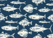 © Rudzhan - Seamless fish pattern. Vintage repeat engraving style ornament with ocean fish, seafood or sea creatures. Design element for branding and cafe menu. Hand drawn outline vector illustration