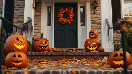 Wall Mural - Halloween decorations on front porch with pumpkins create festive atmosphere