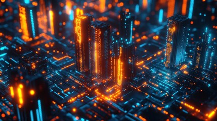 Poster - A vibrant futuristic cityscape illuminated by glowing blue and orange lights.