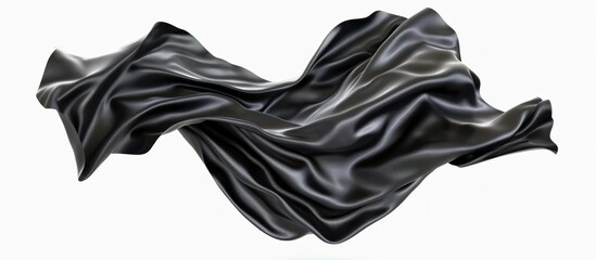 Black silk fabric wavy and floating in the air on a white background