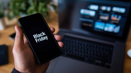 Hand holding a mobile phone with Black Friday text on the screen, near a laptop computer, representing the online shopping concept