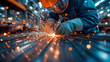 © Premium_art - A worker grinds metal in a factory, sparks fly as he works.
