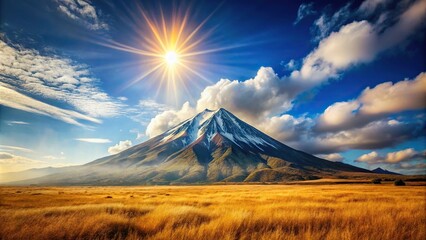 Sunny mountain peak rising over the terrain with a big sky silhouette