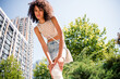 © deagreez - Photo of positive young girl touch knee hurt injury wear summer outfit walk park sunny spring weather outside