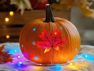 Wall Mural - Pumpkin with Maple Leaf and Colorful Lights