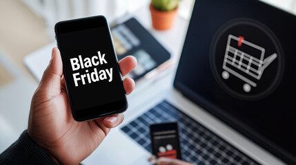 Hand holding a mobile phone with Black Friday text and a shopping cart icon on the screen, near a laptop computer, representing the online market or e commerce concept