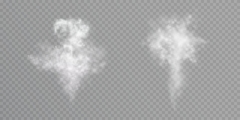 Poster - White cumulus clouds. Fog, smoke, steam, haze, explosion isolated transparent special effect. White vector cloudiness background.