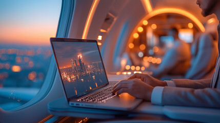 Man in a suit works on a laptop while on a private plane. 