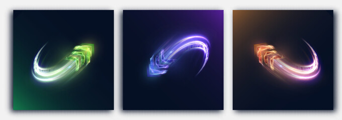Poster - Light trail high speed movement light high speed arrow bright purple glowing lines. Vector