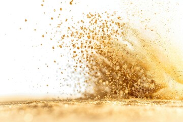 Blurry explosion of small sand grains in yellow cloud.