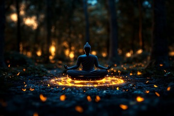 Poster - A magical forest where a peaceful figure meditates in a glowing clearing, surrounded by ethereal light, embodying the mystical sense of eudaimonia