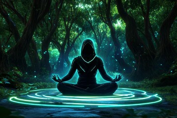 Poster - A magical forest where a peaceful figure meditates in a glowing clearing, surrounded by ethereal light, embodying the mystical sense of eudaimonia