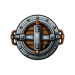 Vector illustration of a ship's hatch cover with a metal rim, wooden panel, and metal hinges.