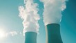 © P.G - Close-up of modern industrial power plant chimneys emitting smoke under a bright blue sky, showcasing energy production. No people.
