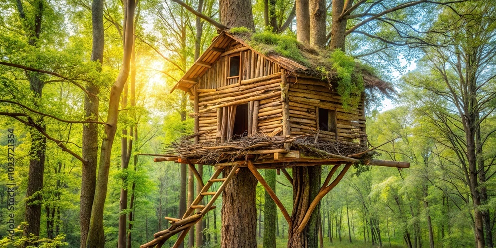 Trees Structures Stick Tree house made of sticks and leaves Stock Illustration | Adobe Stock