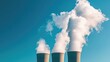 © P.G - Close-up of thick smoke rising from power plant chimneys under a bright blue sky, symbolizing energy production and industry. No people.
