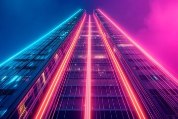 Dynamic abstract background with a futuristic skyscraper, highlighted by neon lights and geometric shapes.