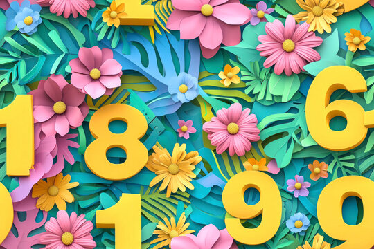 Set of yellow 3d numbers and symbols on multicolored background with flowers and plants.