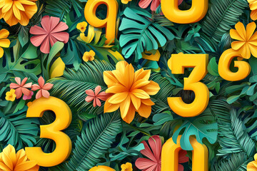 Poster - Set of yellow 3d numbers and symbols on multicolored background with flowers and plants.
