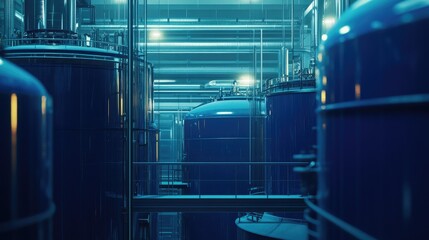 Detailed view of blue storage tanks in a futuristic factory environment, focusing on advanced industrial technology. No people.