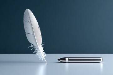 Poster - A minimalist design showing a single feather quill pen next to a sleek, modern stylus on a clean surface