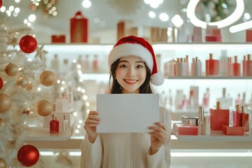 Smiling Asian woman in Santa Claus hat holding blank white sign mockup in modern perfume shop