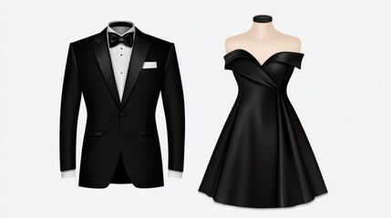 elegant black tie formal attire featuring a classic black tuxedo with satin lapels, paired with a sleek off-shoulder evening gown, both outfits detailed with subtle textures and modern cuts, vector re