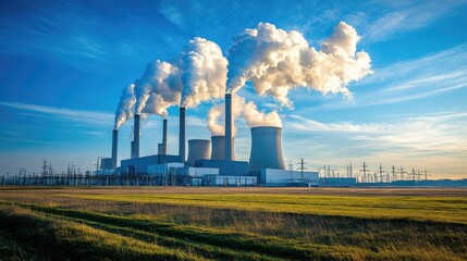 Modern industrial power plant chimneys releasing emissions into a bright blue sky, representing energy and environmental impact. No people.