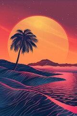 Canvas Print - A painting of a palm tree on a beach with a large orange sun in the background. The mood of the painting is serene and peaceful