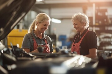 group of mechanics in the showroom at the car engine. Working together. Equality and feminism. engine checkup. Repairing Necessary Parts. Poster, banner, copy space 