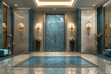 modern blue and beige hotel entrance exterior design with elegant lamps and luxury marble floor 