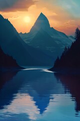 Poster - Silhouetted mountain and river in a lofi background.