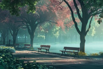 Canvas Print - Artistic lofi scene with back view of park benches.