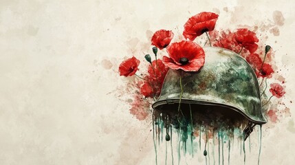 Poster - Artistic representation of a soldier helmet with watercolor red poppy flowers growing from it, symbolizing remembrance.