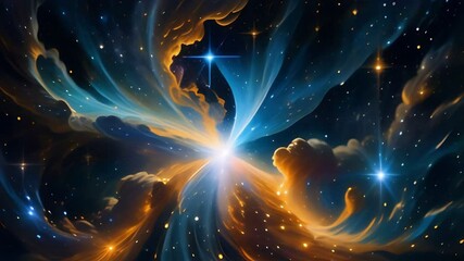 Wall Mural -  Futuristic cosmic animation with planet, deep space, galaxy. Bright cosmic animation with illustrations transformations and metamorphose. AI generated cinematic video