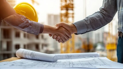 a contractor in a blue hard hat shaking hands with a real estate developer holding signed contract p