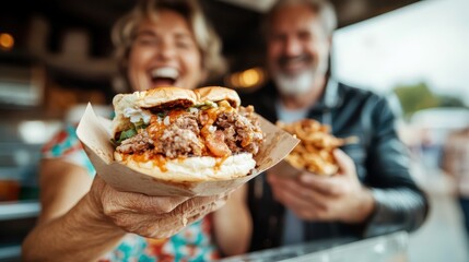 A cheerful elderly couple relishes in juicy burgers at a food truck, embodying happiness and indulgence in this lively culinary experience.