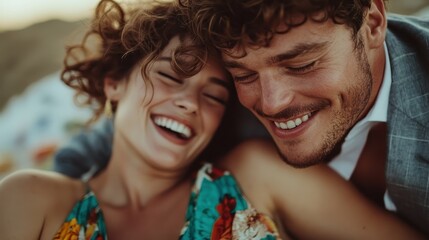 A happy couple laughs joyously while seated outdoors in a vivid scene of nature, showcasing connection and delight in one another's company.