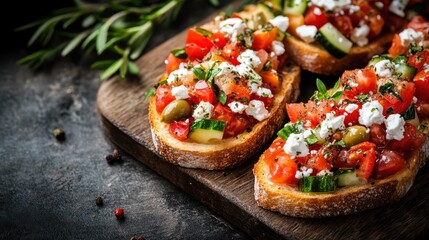 Two slices of gourmet bruschetta with toppings of fresh feta cheese and diced tomatoes with olives, artfully plated on a dark wood board for an elegant look.