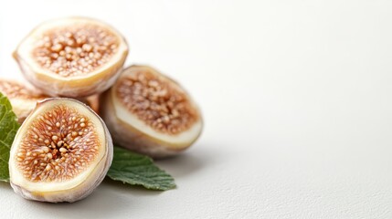 Halved figs rest next to green leaves on a minimalist light background, showcasing their natural textures and inviting flavors, evoking simplicity and elegance.