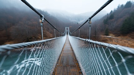 A mist-covered suspension bridge crosses over a blue-hued river, framed by foggy mountains, illustrating a mystical and serene passageway to the unknown.