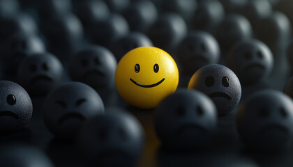 A bright yellow smiling face among many dark sad faces, representing uniqueness and positivity.